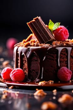 Decadent chocolate cake adorned with fresh raspberries, drizzled with rich chocolate sauce, perfect combination of sweet, tart flavors. For advertise cafe, patisserie, restaurant, food blog, cookbook