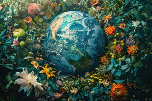 The globe is surrounded by many flowers and greenery.