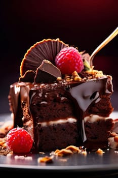 Decadent chocolate cake adorned with fresh raspberries, drizzled with rich chocolate sauce, perfect combination of sweet, tart flavors. For advertise cafe, patisserie, restaurant, food blog, cookbook