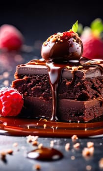 Decadent chocolate cake adorned with fresh raspberries, drizzled with rich chocolate sauce, perfect combination of sweet, tart flavors. For advertise cafe, patisserie, restaurant, food blog, cookbook