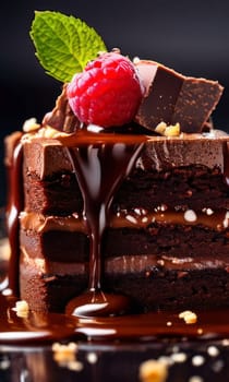 Decadent chocolate cake adorned with fresh raspberries, drizzled with rich chocolate sauce, perfect combination of sweet, tart flavors. For advertise cafe, patisserie, restaurant, food blog, cookbook