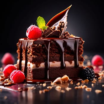 Decadent chocolate cake adorned with fresh raspberries, drizzled with rich chocolate sauce, perfect combination of sweet, tart flavors. For advertise cafe, patisserie, restaurant, food blog, cookbook