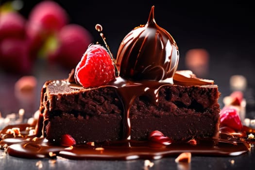 Decadent chocolate cake adorned with fresh raspberries, drizzled with rich chocolate sauce, perfect combination of sweet, tart flavors. For advertise cafe, patisserie, restaurant, food blog, cookbook