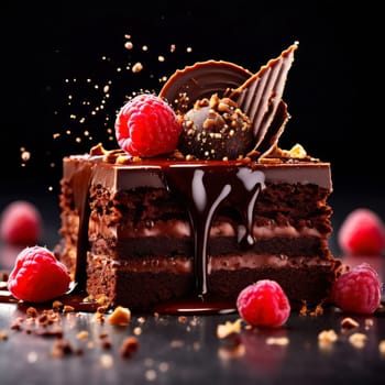 Decadent chocolate cake adorned with fresh raspberries, drizzled with rich chocolate sauce, perfect combination of sweet, tart flavors. For advertise cafe, patisserie, restaurant, food blog, cookbook