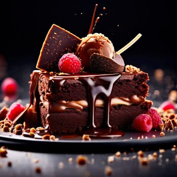 Decadent chocolate cake adorned with fresh raspberries, drizzled with rich chocolate sauce, perfect combination of sweet, tart flavors. For advertise cafe, patisserie, restaurant, food blog, cookbook