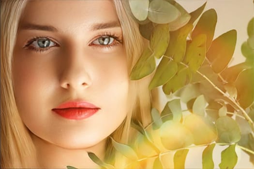 Beauty, makeup and hairstyle, face portrait of beautiful woman with green leaves branch, red lipstick makeup for skincare cosmetics and fashion look idea