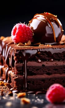 Decadent chocolate cake adorned with fresh raspberries, drizzled with rich chocolate sauce, perfect combination of sweet, tart flavors. For advertise cafe, patisserie, restaurant, food blog, cookbook