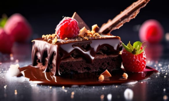 Decadent chocolate cake adorned with fresh raspberries, drizzled with rich chocolate sauce, perfect combination of sweet, tart flavors. For advertise cafe, patisserie, restaurant, food blog, cookbook