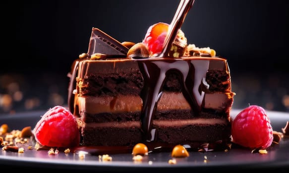 Decadent chocolate cake adorned with fresh raspberries, drizzled with rich chocolate sauce, perfect combination of sweet, tart flavors. For advertise cafe, patisserie, restaurant, food blog, cookbook