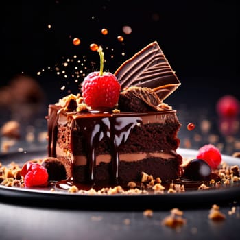 Decadent chocolate cake adorned with fresh raspberries, drizzled with rich chocolate sauce, perfect combination of sweet, tart flavors. For advertise cafe, patisserie, restaurant, food blog, cookbook