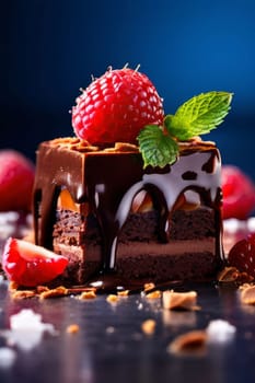 Decadent chocolate cake adorned with fresh raspberries, drizzled with rich chocolate sauce, perfect combination of sweet, tart flavors. For advertise cafe, patisserie, restaurant, food blog, cookbook