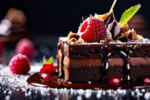 Decadent chocolate cake adorned with fresh raspberries, drizzled with rich chocolate sauce, perfect combination of sweet, tart flavors. For advertise cafe, patisserie, restaurant, food blog, cookbook