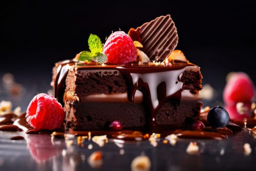 Decadent chocolate cake adorned with fresh raspberries, drizzled with rich chocolate sauce, perfect combination of sweet, tart flavors. For advertise cafe, patisserie, restaurant, food blog, cookbook