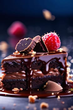 Decadent chocolate cake adorned with fresh raspberries, drizzled with rich chocolate sauce, perfect combination of sweet, tart flavors. For advertise cafe, patisserie, restaurant, food blog, cookbook