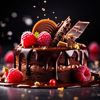 Decadent chocolate cake adorned with fresh raspberries, drizzled with rich chocolate sauce, perfect combination of sweet, tart flavors. For advertise cafe, patisserie, restaurant, food blog, cookbook