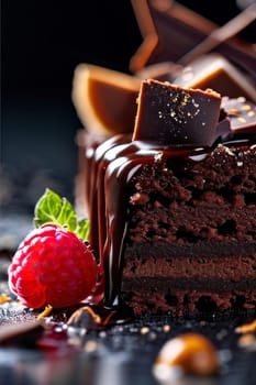 Decadent chocolate cake adorned with fresh raspberries, drizzled with rich chocolate sauce, perfect combination of sweet, tart flavors. For advertise cafe, patisserie, restaurant, food blog, cookbook