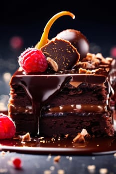 Decadent chocolate cake adorned with fresh raspberries, drizzled with rich chocolate sauce, perfect combination of sweet, tart flavors. For advertise cafe, patisserie, restaurant, food blog, cookbook