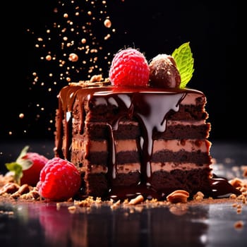 Decadent chocolate cake adorned with fresh raspberries, drizzled with rich chocolate sauce, perfect combination of sweet, tart flavors. For advertise cafe, patisserie, restaurant, food blog, cookbook