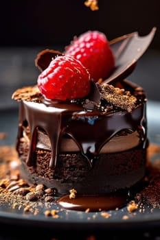 Decadent chocolate cake adorned with fresh raspberries, drizzled with rich chocolate sauce, perfect combination of sweet, tart flavors. For advertise cafe, patisserie, restaurant, food blog, cookbook