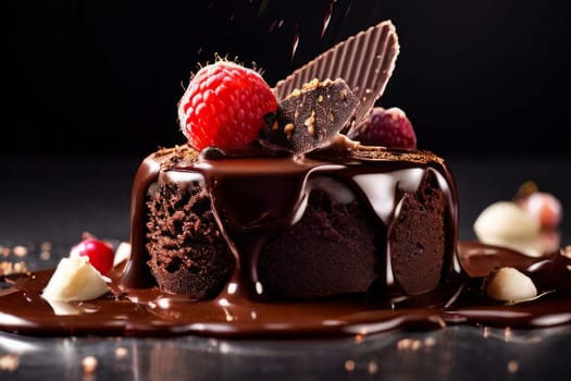 Decadent chocolate cake adorned with fresh raspberries, drizzled with rich chocolate sauce, perfect combination of sweet, tart flavors. For advertise cafe, patisserie, restaurant, food blog, cookbook