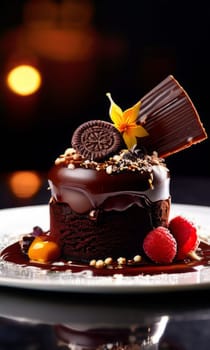 Decadent chocolate cake adorned with fresh raspberries, drizzled with rich chocolate sauce, perfect combination of sweet, tart flavors. For advertise cafe, patisserie, restaurant, food blog, cookbook