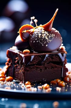 Decadent piece of chocolate cake oozing with rich, velvety chocolate sauce, tempting you with its irresistible sweetness. For recipe websites, cookbooks, dessert advertisements, cafe, culinary blog