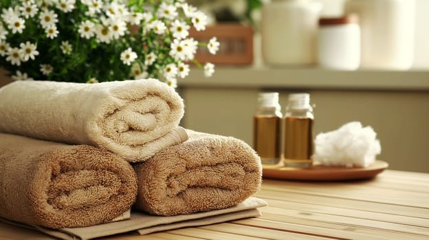 Rolled soft towels are neatly arranged on a wooden surface with daisies and essential oils, creating a serene spa-like atmosphere - Generative AI