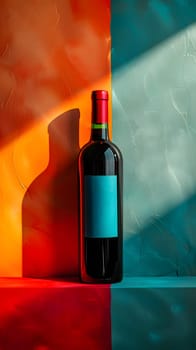 A glass bottle filled with liquid, sealed with a cork and bottle stopper, sits on a shelf against a colorful background. The bottle contains an alcoholic beverage, ready to be enjoyed as a drink