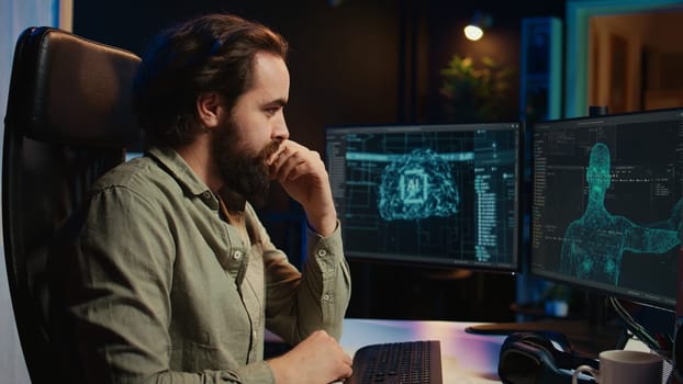 Man inserting disk into PC containing software turning AI into sentient self aware being, saluting creator. Engineer placing cartridge in computer, awakening friendly artificial intelligence, camera B