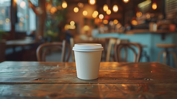 A Cup of coffee sits on a wooden table in a restaurant, surrounded by chairs and under a clear sky, creating a cozy atmosphere