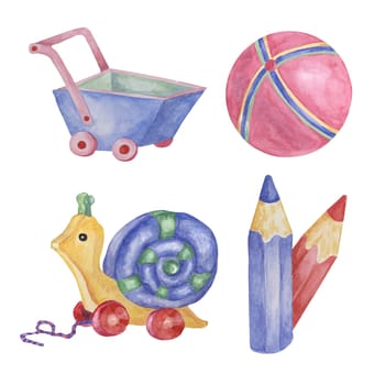 Toys wheelbarrow, crayons, inflatable ball and wooden snail car illustration. Retro play objects kids watercolor clipart for stickers, baby shower, invitation, birthday party, postcard, nursery decor