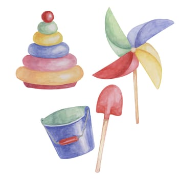 Toys stack ring tower puzzle, pinwheel, sandbox bucket and shovel illustration. Retro play objects kids watercolor clipart for sticker, baby shower, invitation, birthday party, postcard, nursery decor