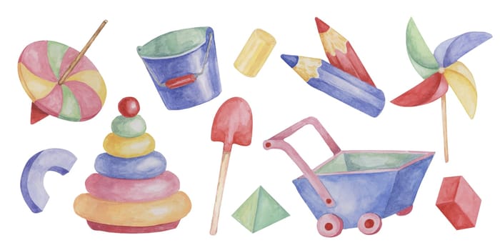 Toys wheelbarrow, crayons, spinning top, pinwheel, bucket and shovel. Retro sandbox play objects kids watercolor clipart for stickers, baby shower, invitation, birthday party, postcard, nursery decor