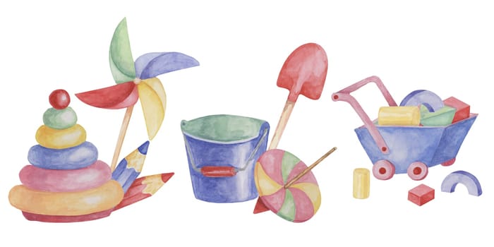 Toys wheelbarrow, crayons, spinning top, pinwheel, bucket and shovel. Retro sandbox play objects kids watercolor clipart for stickers, baby shower, invitation, birthday party, postcard, nursery decor