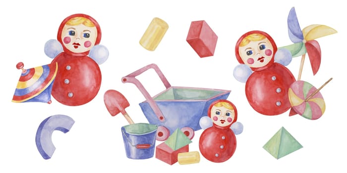 Humming top, spinning top, humming top wheelbarrow, pinwheel and roly poly tumbler doll clipart set. Retro balance play object and pull cart kids watercolor for baby shower, birthday postcard, nursery