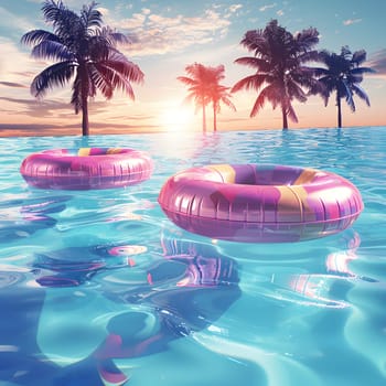 Three pink floating objects are drifting in a azure swimming pool, with palm trees swaying in the background, creating a serene scene of nature blending with liquid