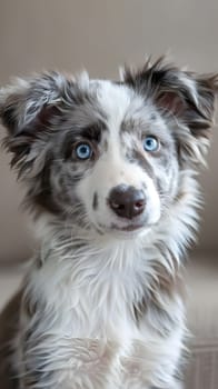 A closeup of a carnivorous dog breed with blue eyes, whiskers, and a snout, looking directly at the camera. This companion dog belongs to the Sporting Group and has a shiny fur coat