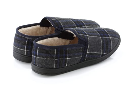 A pair of blue mens slippers rear