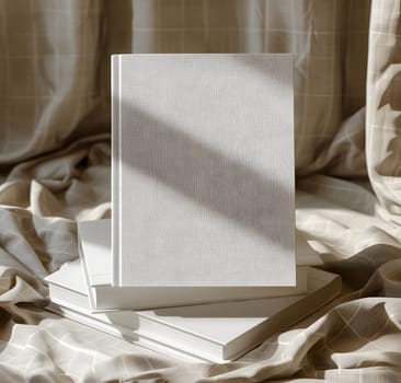 A stack of white books, made of paper product, lay on a wooden bed frame. The rectangular shape and transparency of the glass on the cover create a sleek design against the linens and flooring