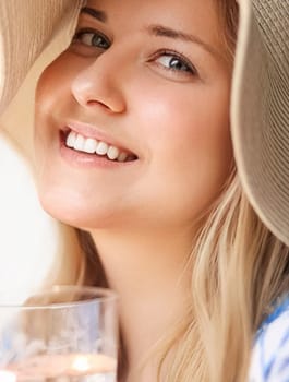 Fashion, travel and beauty face portrait of young woman, beautiful model wearing beach sun hat in summer, head accessory and style idea