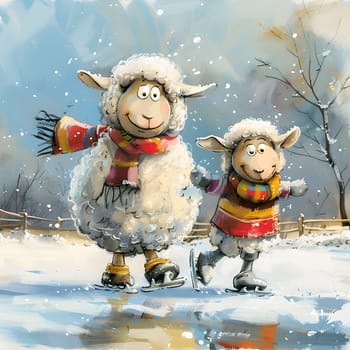 A whimsical painting featuring two happy sheep ice skating in the snow under a sky full of stars. The scene is filled with joy and charm, capturing a magical moment