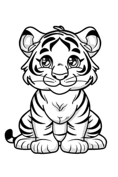 A black and white cartoon drawing of a happy baby tiger sitting down, showcasing its whiskers, nose, eye, jaw, and fine hair detailing. The felidaes gesture resembles a human body