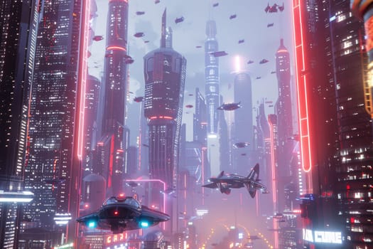 Futuristic cityscape rendered in 3D, with towering skyscraper illuminated by neon lights and flying