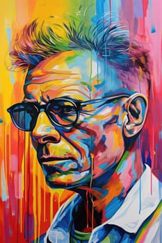 The comic colourful picture of the short hair male adult human head and has been wearing sunglasses with straight face yet picture fill with various colour that make picture fill with emotion. AIGX01.