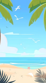 A serene cartoon depiction of a beach with palm trees swaying in the light breeze, birds flying over the azure ocean under a clear blue sky