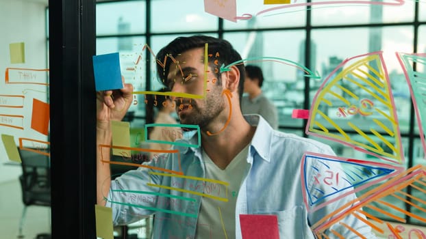 Professional businessman uses sticky notes at glass wall with graph to brainstorming idea while multicultural businesspeople discussing about marketing ideas at office with city view. Tracery