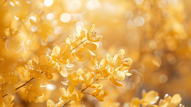 Macro photography showing a close up of ambercolored petals on a flowering plant, nestled among the twigs and wood of a peach tree