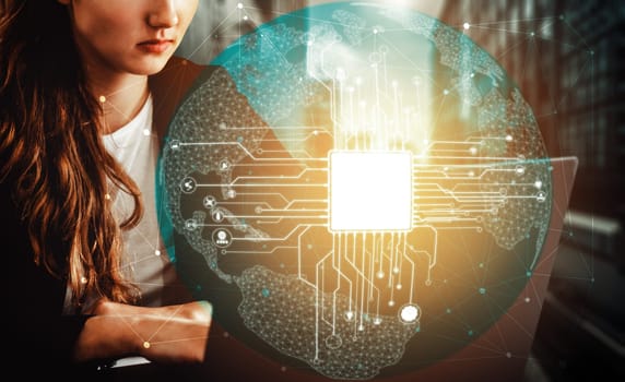 AI Learning and Artificial Intelligence Concept - Icon Graphic Interface showing computer, machine thinking and AI Artificial Intelligence of Digital Robotic Devices. uds