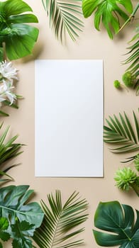 A white card is enclosed by lush tropical leaves and vibrant flowers on a beige background, showcasing a beautiful display of greenery and plant life