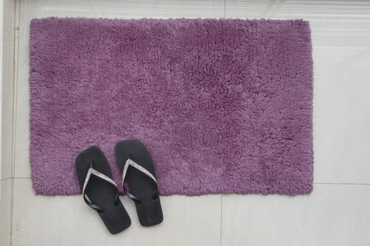 Pair of shoes on a rectangle rug in shades of purple,